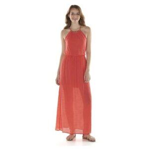 Lily Rose Maxi Dress Size Large in Coral with Necklace Detail in Goldtone